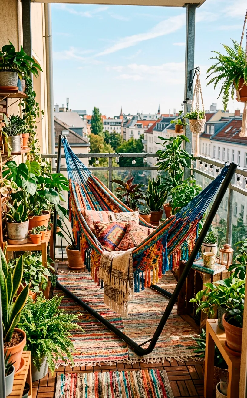 A bohemian hammock on a space-saving steel stand set up on a sunny apartment balcony.