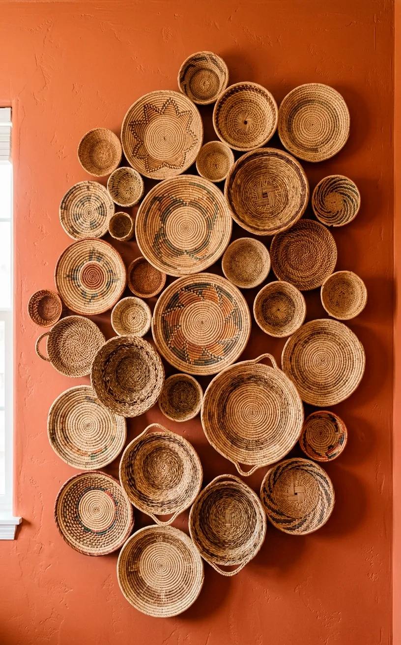 A clustered arrangement of woven sweetgrass and rattan baskets on a terracotta wall.
