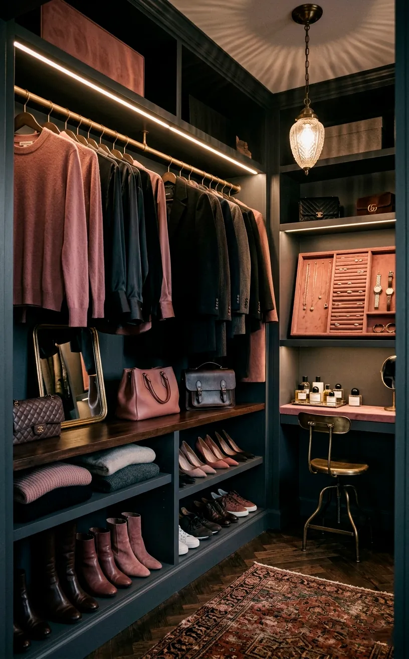 Moody dusty rose closet featuring deep charcoal gray back walls and shelving