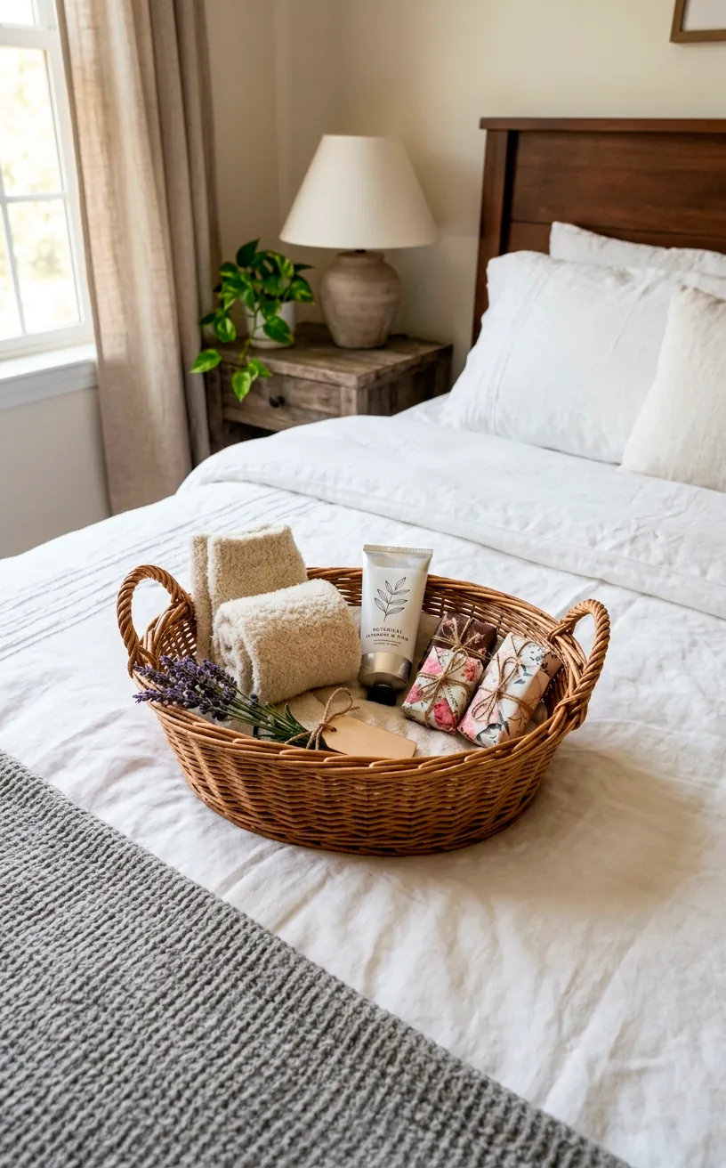 Guest welcome basket with wool socks and hand cream on a bed