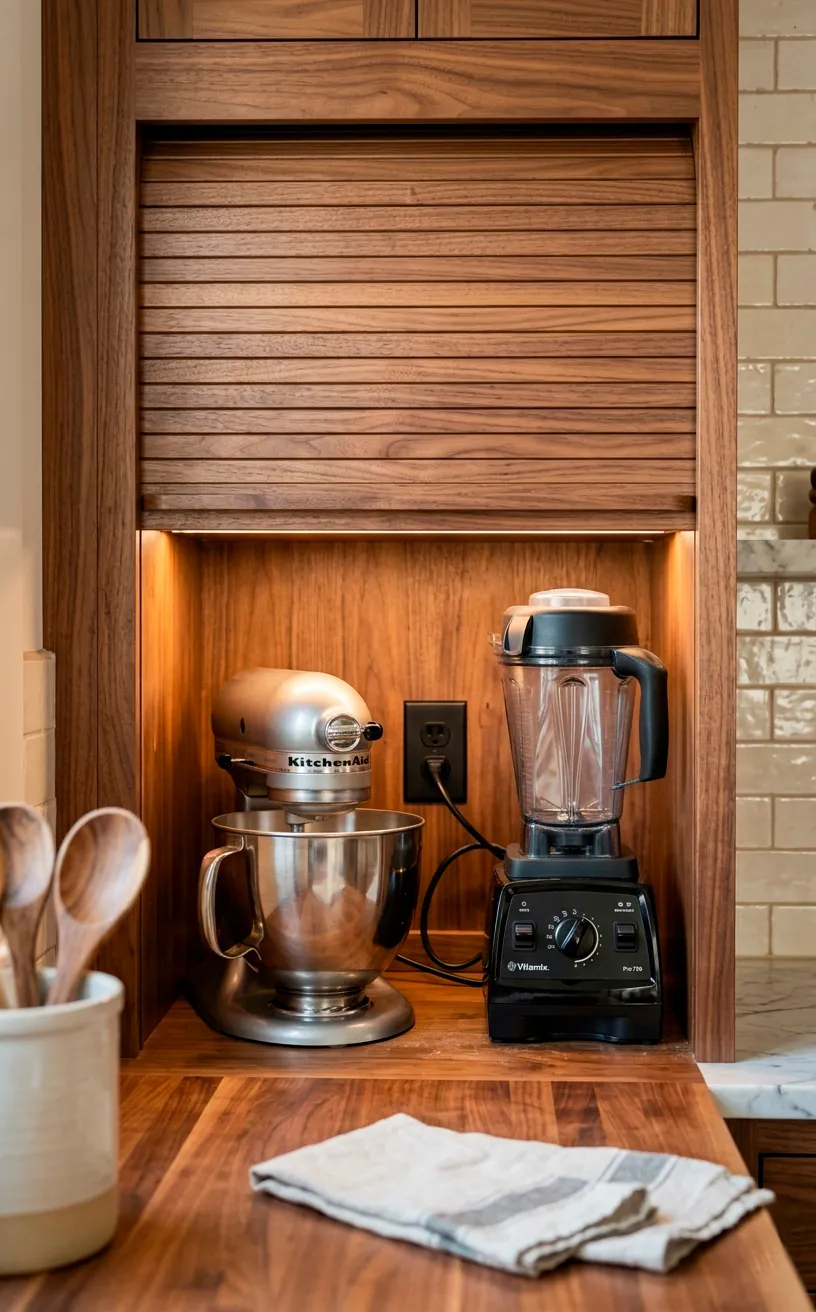 A warm walnut appliance garage with a tambour door hiding a stand mixer and blender.