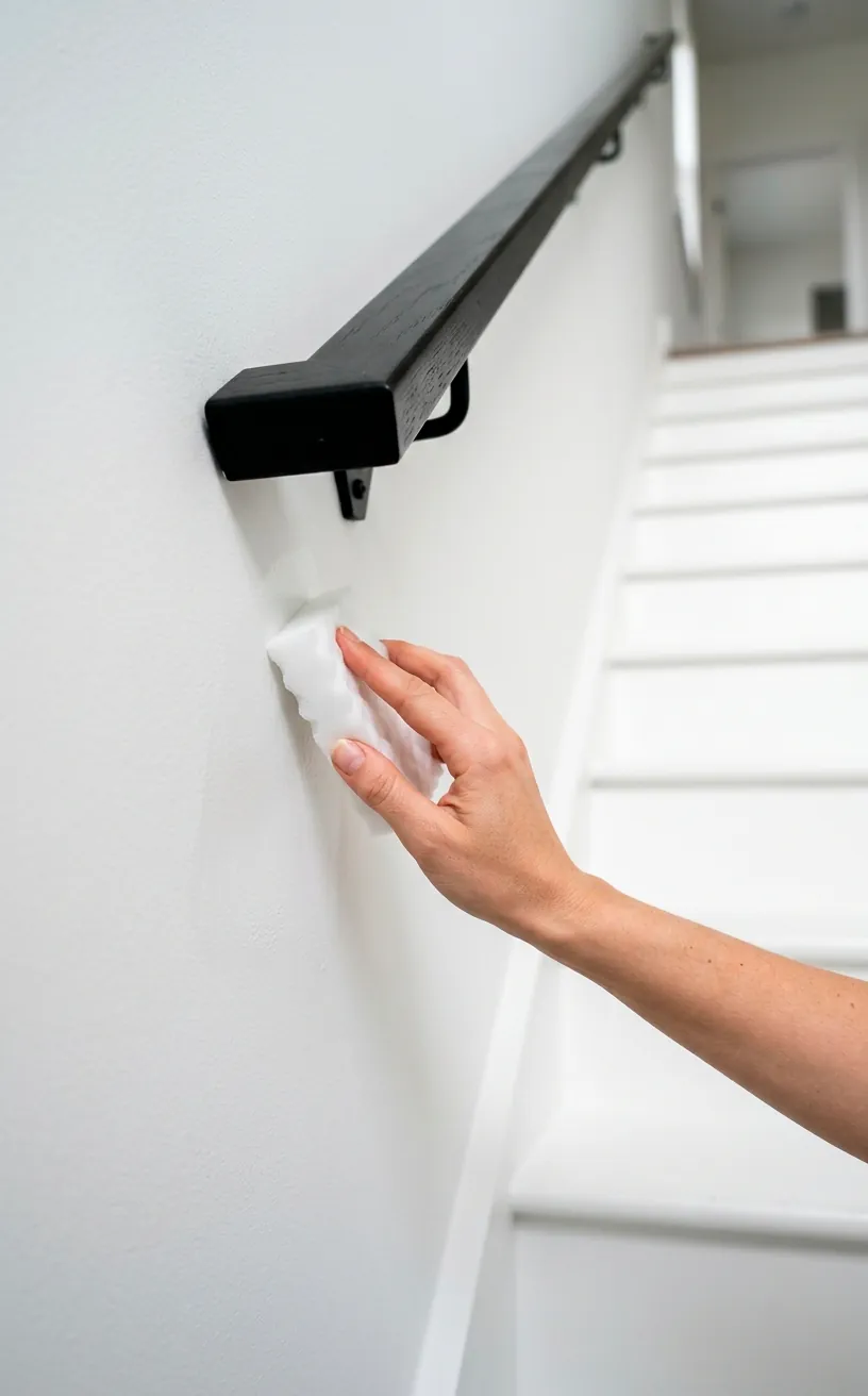 Spotlessly clean white staircase wall being gently wiped down with a cleaning sponge.