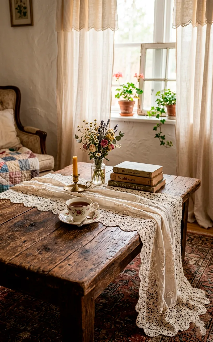 Vintage lace runner draped over a rustic wooden coffee table with scalloped curtains