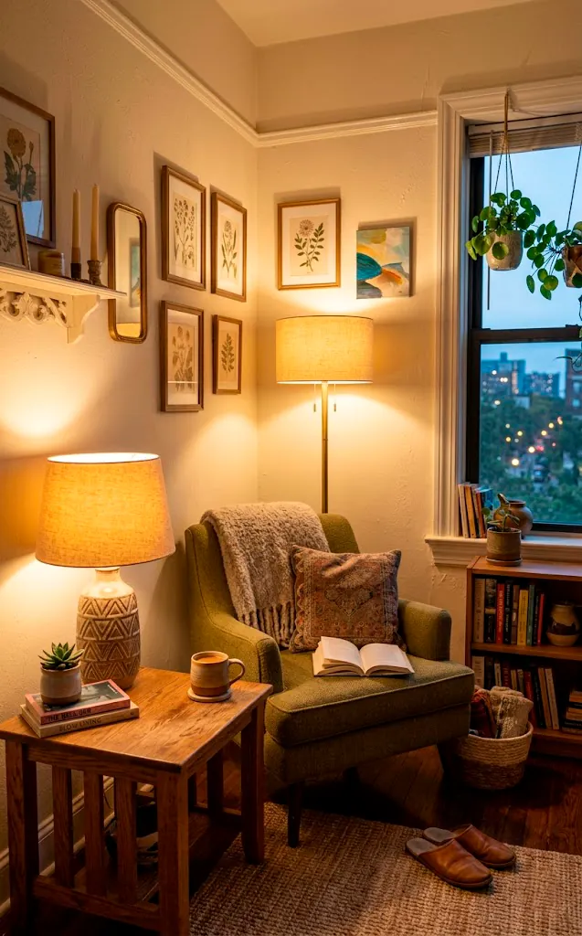 Cozy studio corner illuminated by a ceramic table lamp and floor lamp