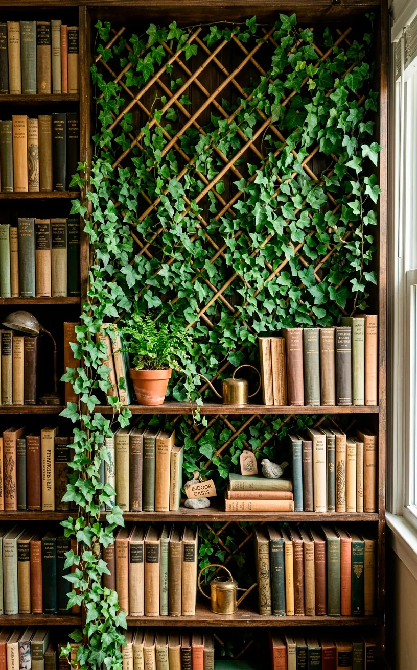 Bookshelf with trailing ivy climbing vertically up a small bamboo trellis behind books.