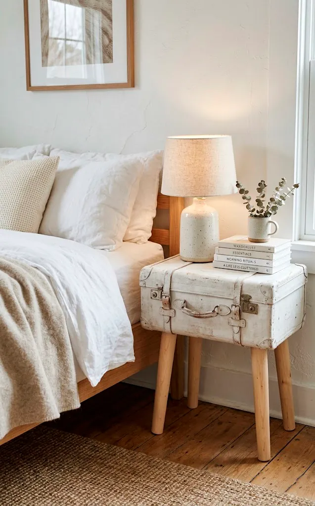 White-washed vintage suitcase nightstand with birch legs next to a bed.