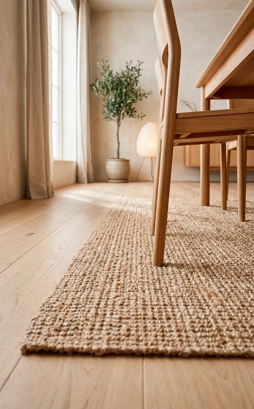 Flatweave natural jute rug resting under minimalist wooden dining chairs in a sunlit room.