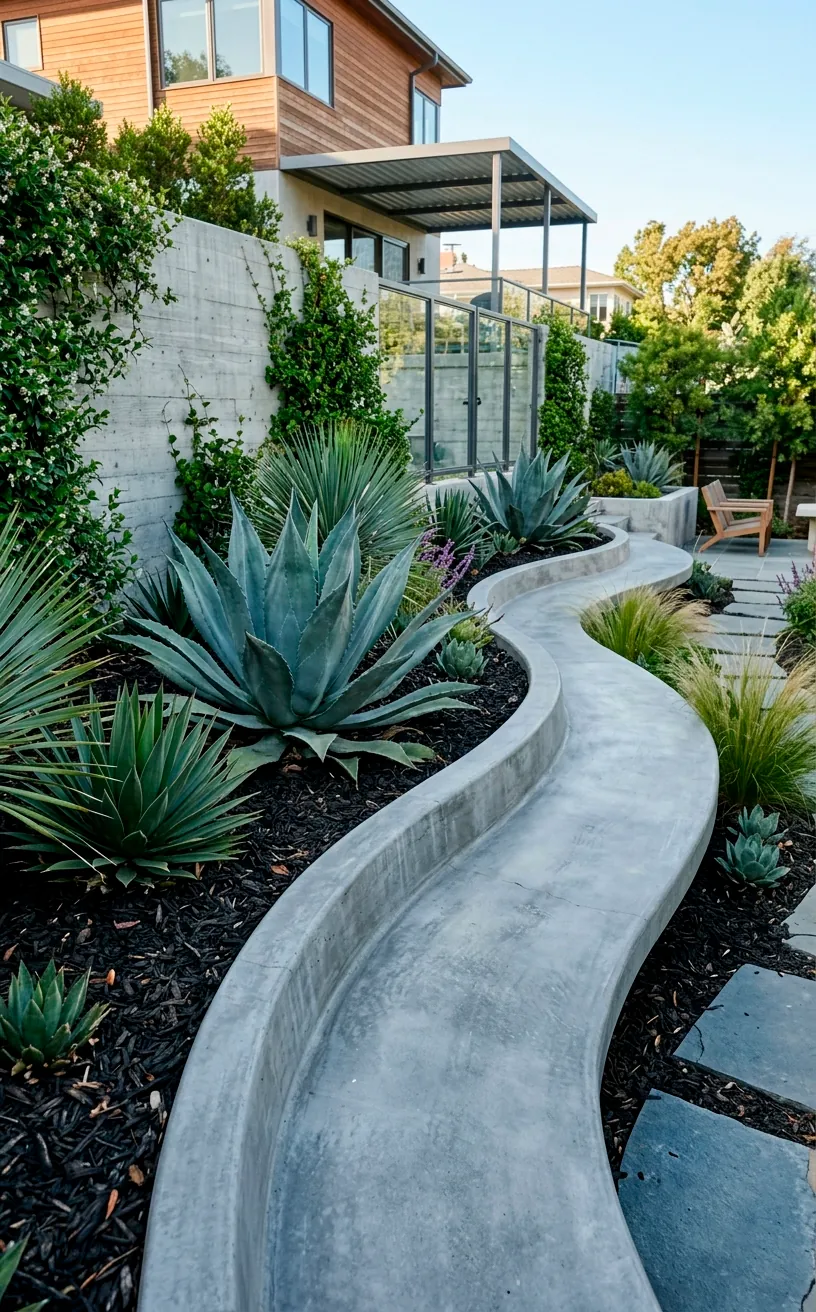 Sleek curving concrete bench in a modern landscaped backyard.