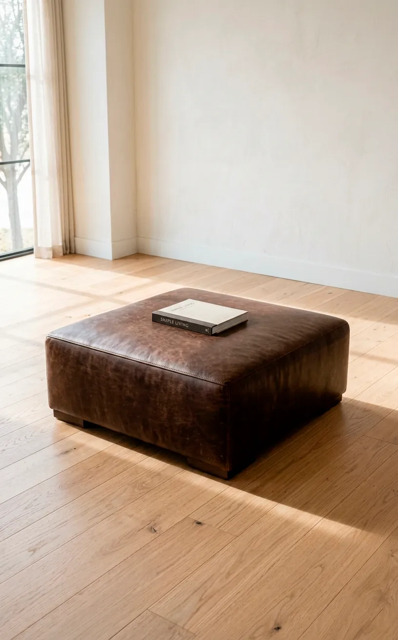 Oversized flat-topped leather ottoman resting in a sunlit minimalist room with light oak flooring.