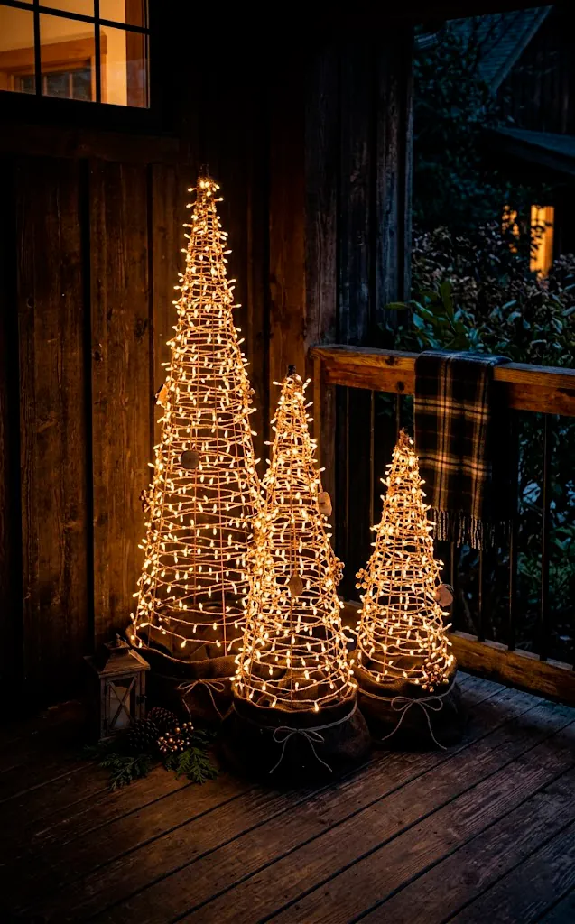 Three DIY glowing cone-shaped Christmas trees wrapped in string lights