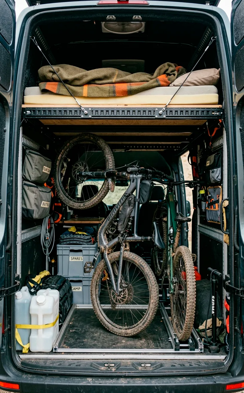 Elevated bed platform raised on vertical tracks above mountain bikes in a camper van garage