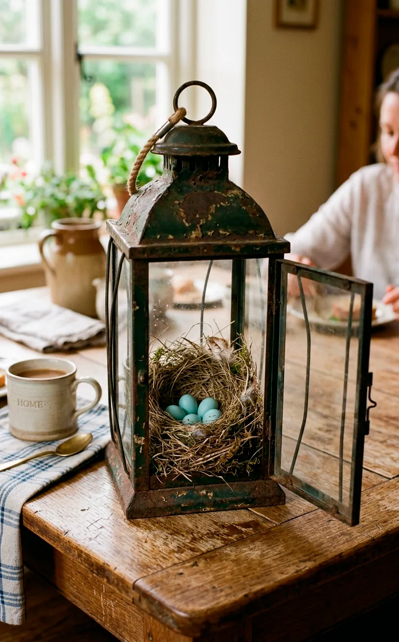 Vintage metal lantern housing a dry grass bird nest with blue eggs.