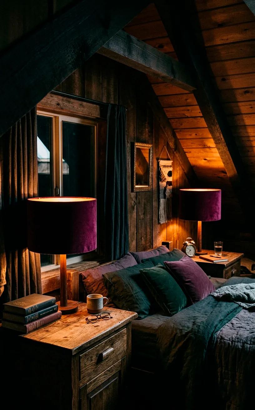 Bedside lamps with deep plum velvet lampshades casting warm light in an attic bedroom