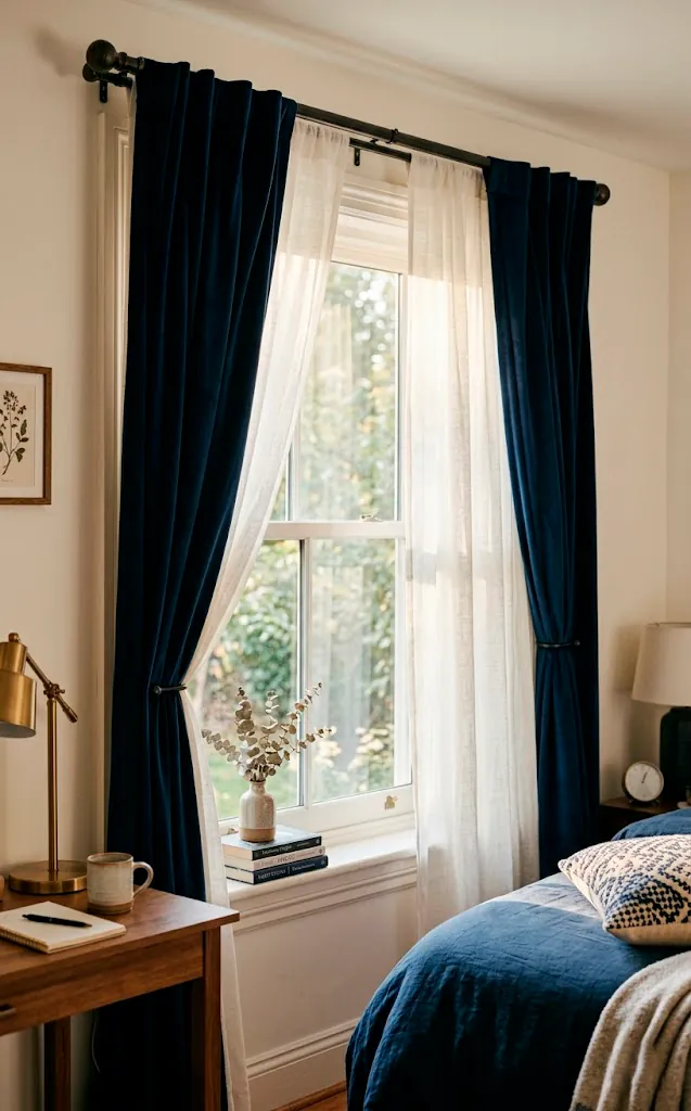 Double curtain rod with sheer linen panels and navy velvet blackout drapes