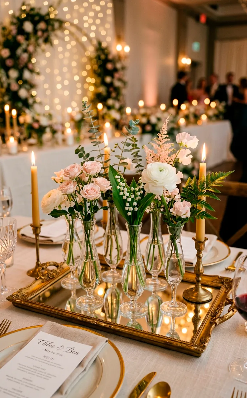 Cluster of glass stem vases on a vintage gold mirrored tray