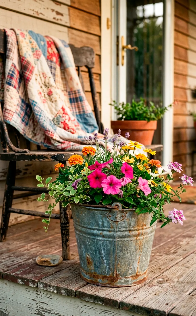 Weathered galvanized bucket repurposed as a planter next to an outdoor chair draped with a vintage quilt.