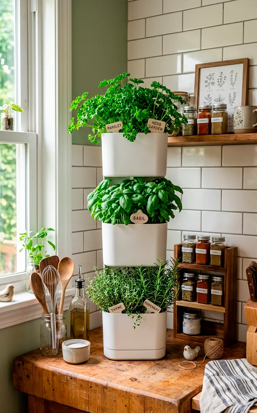 Slim tiered corner self watering planter tower with herbs in a kitchen.