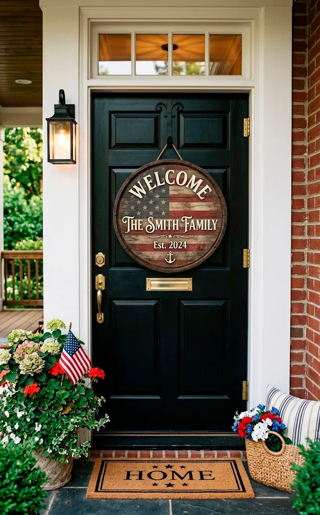 Round wooden barrel top sign hanging on a classic black front door with a distressed flag pattern background