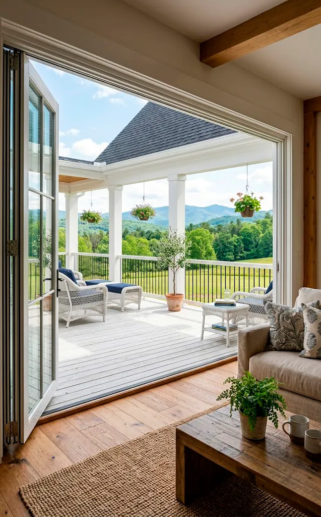 Wide open multi-pane folding glass doors connecting a living room to a beautiful white wrap-around porch.