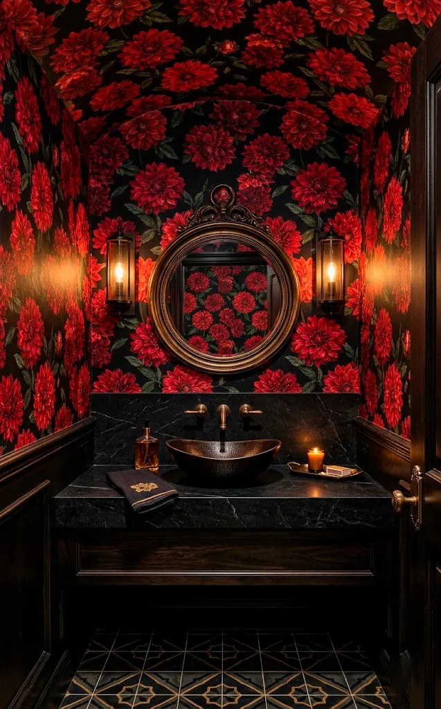 Explosive crimson dahlia wallpaper covering powder room walls and ceiling