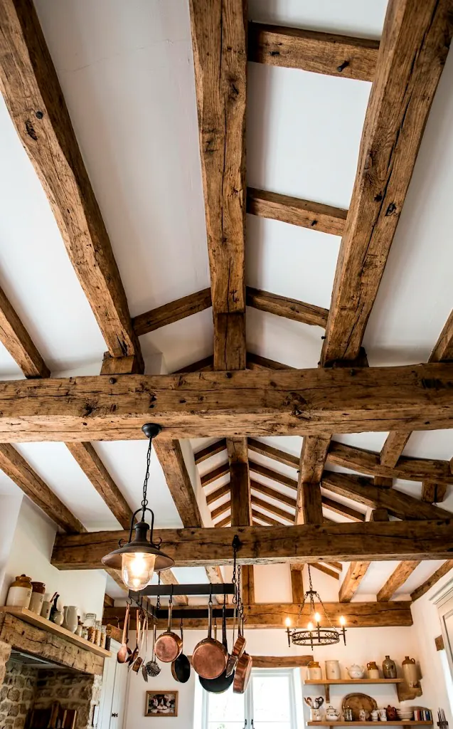 Exposed oak structural beams on a white kitchen ceiling.