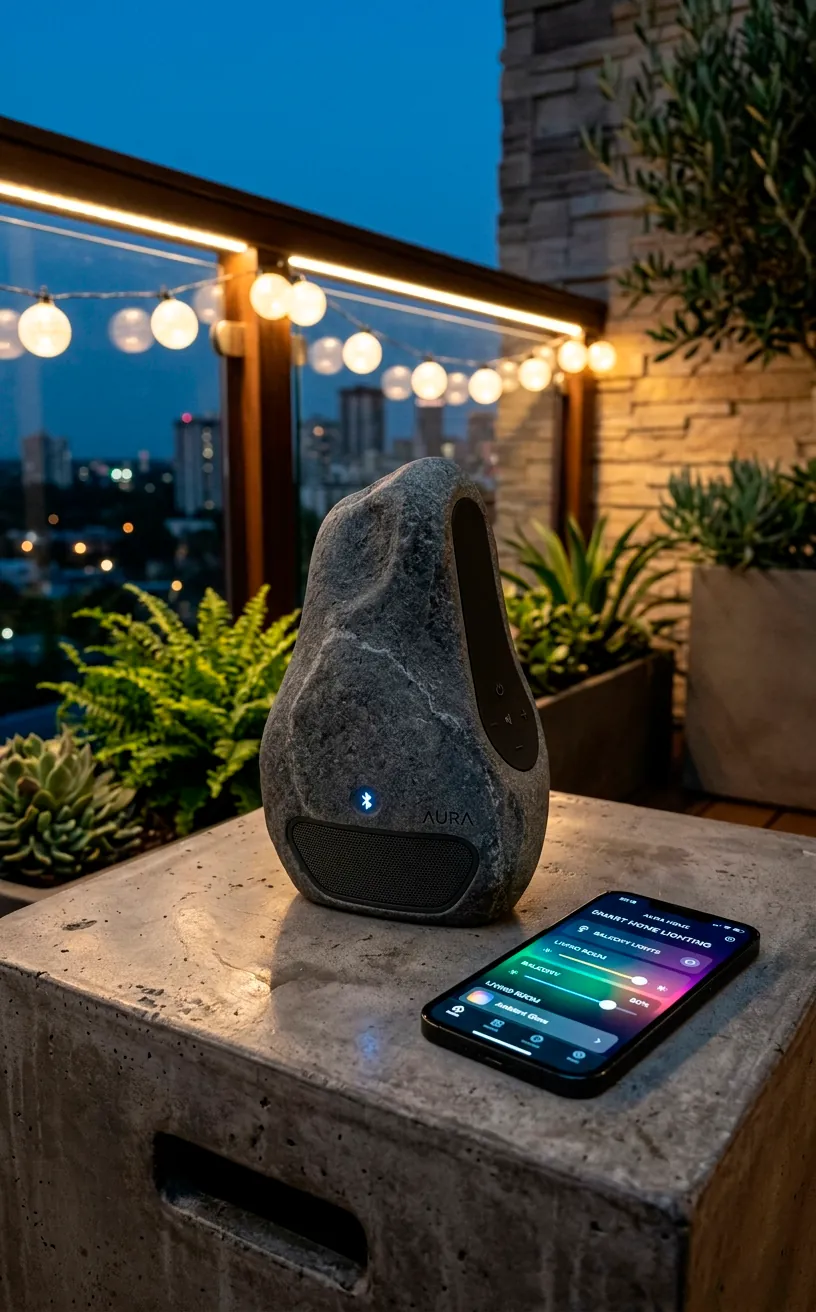 Waterproof stone-look Bluetooth speaker and a smartphone displaying lighting controls on a balcony table