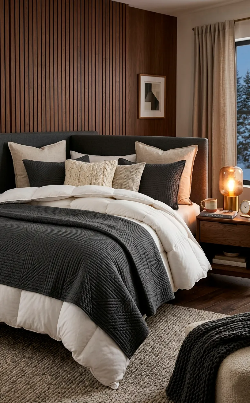 Winter bed featuring a crisp geometric quilted coverlet layered over a fluffy down comforter