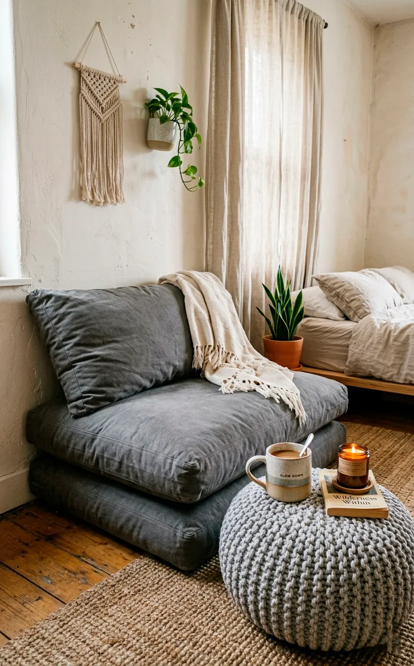 Stacked oversized grey floor cushions and a silver knit pouf in a bohemian bedroom corner