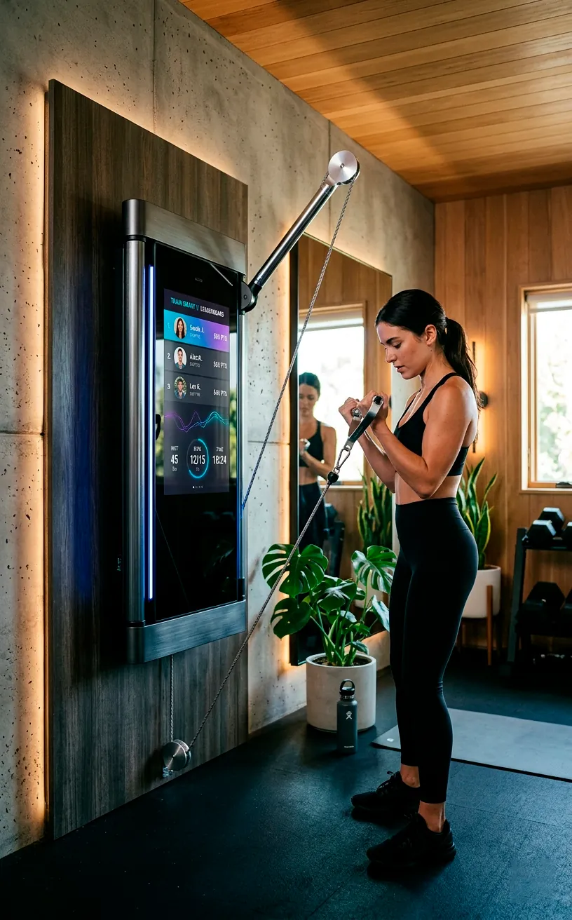 Sleek smart resistance machine displaying a glowing digital leaderboard in a home gym.