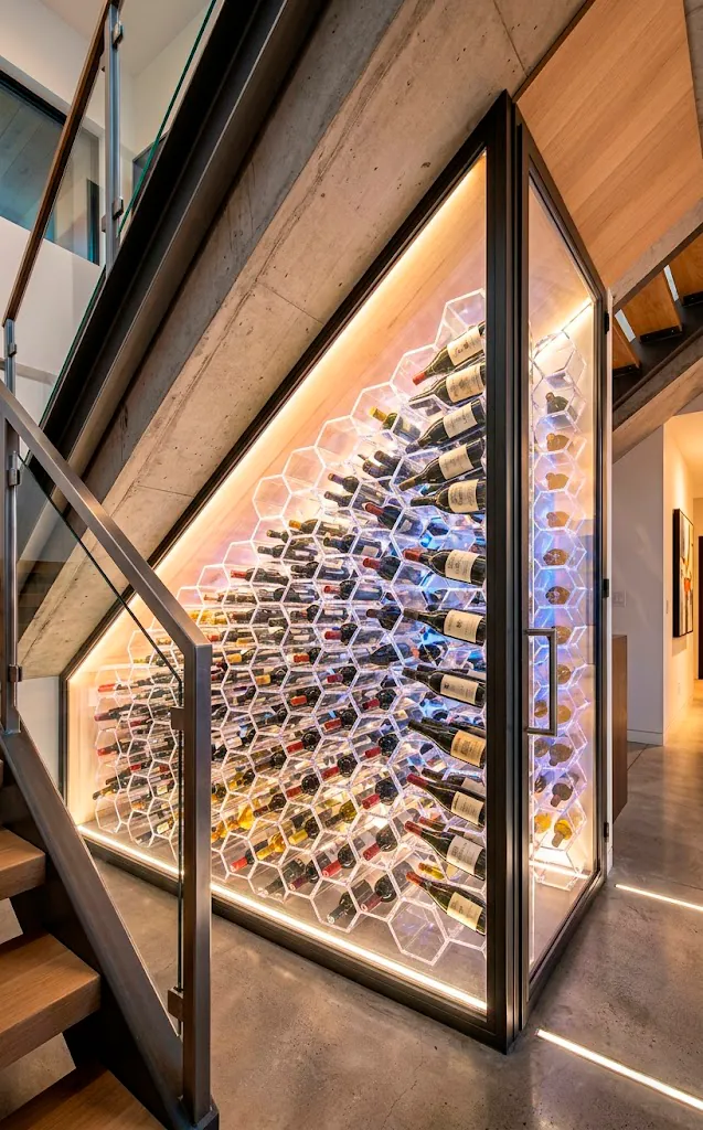 Curved transparent acrylic honeycomb stacking bins filling a sloped under-stair wine space