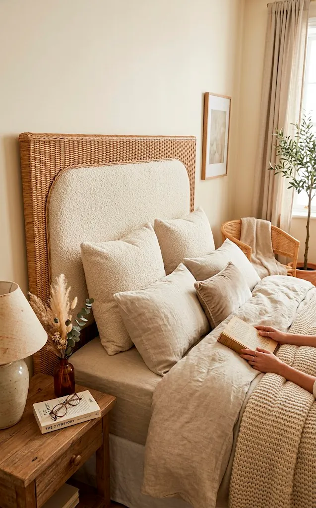Hybrid headboard with a solid rattan frame and a plush cream boucle upholstered center panel in an expensive bedroom