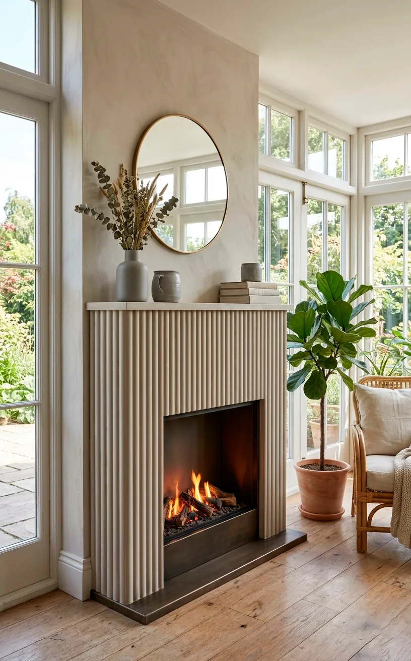 Fluted plaster fireplace in soft greige glowing in a modern gray sunroom.