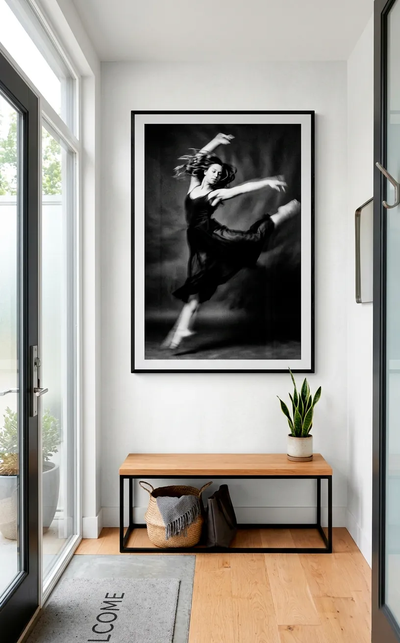 Motion blur black and white portrait of a dancer in a modern entryway.