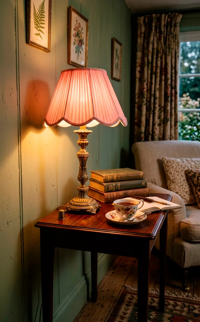 Antique brass table lamp with a scalloped pink shade casting a warm glow in a cozy evening cottage room.