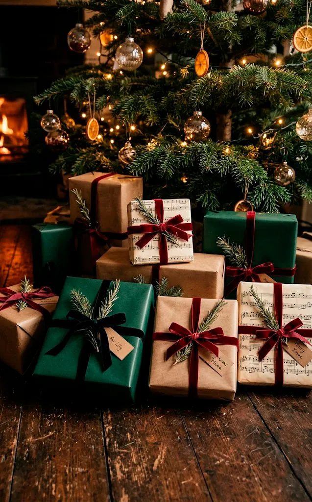 Christmas gifts wrapped in dark matte paper and vintage sheet music with velvet ribbons