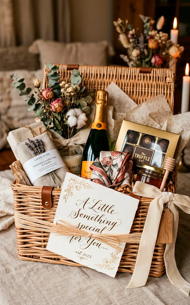 Handwritten greeting card tucked into a luxury gift basket