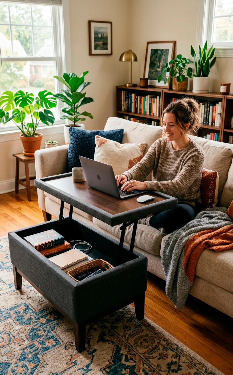 An upholstered lift-top ottoman raised to function as a hidden desk in a living room.