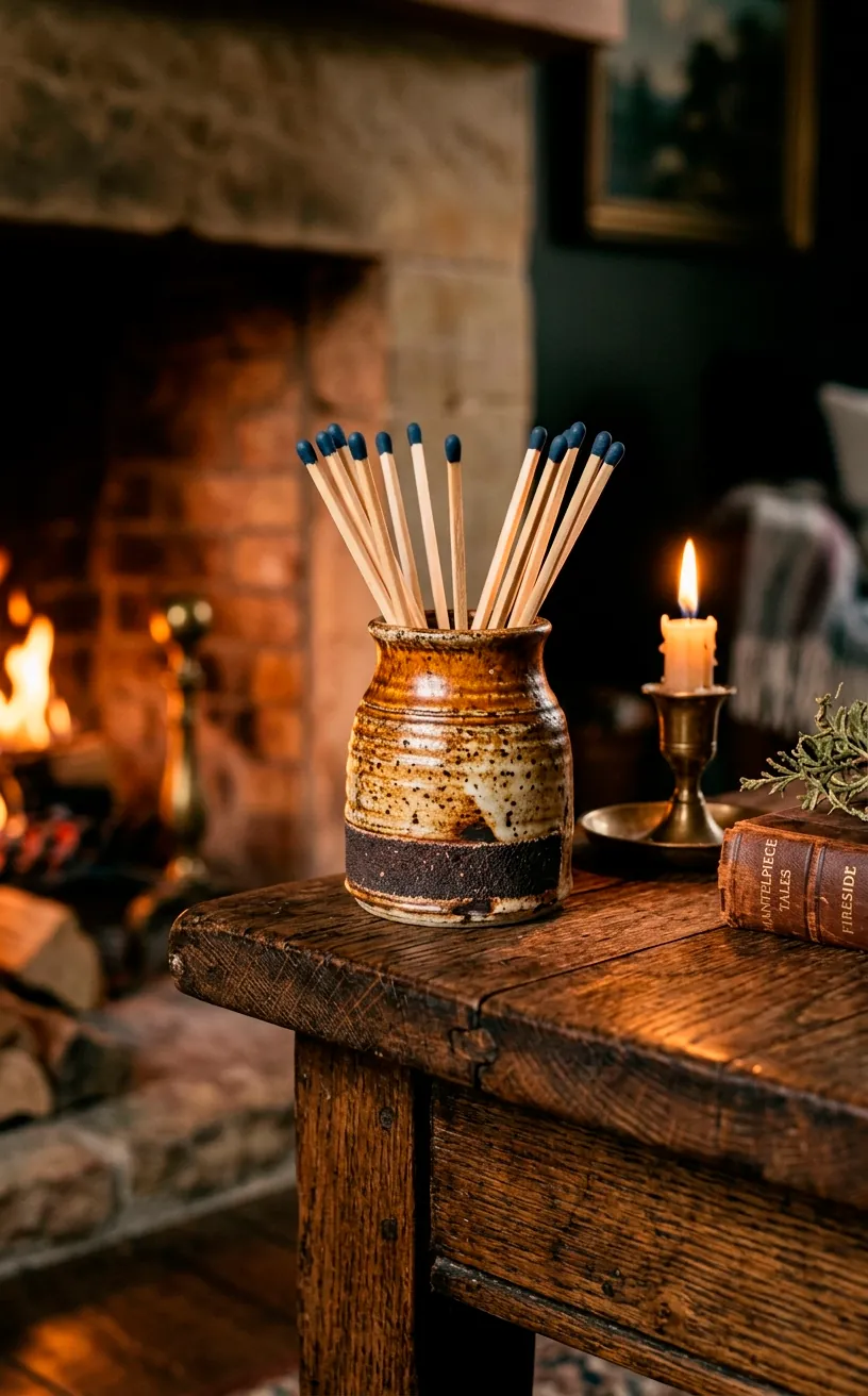 A vintage ceramic match striker holding long wooden matches resting on a fireplace mantel.