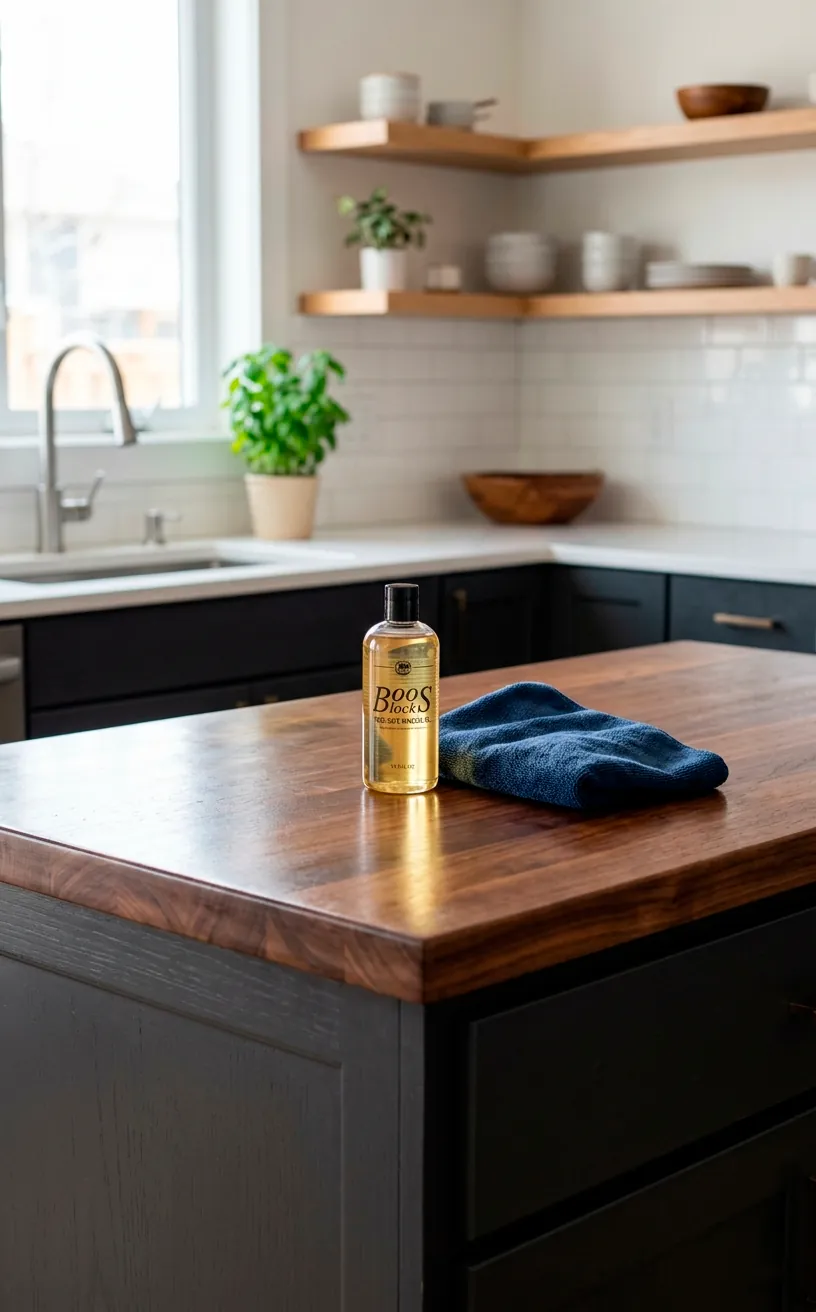 Pristine dark kitchen island with a freshly oiled walnut butcher block top gleaming under natural light.
