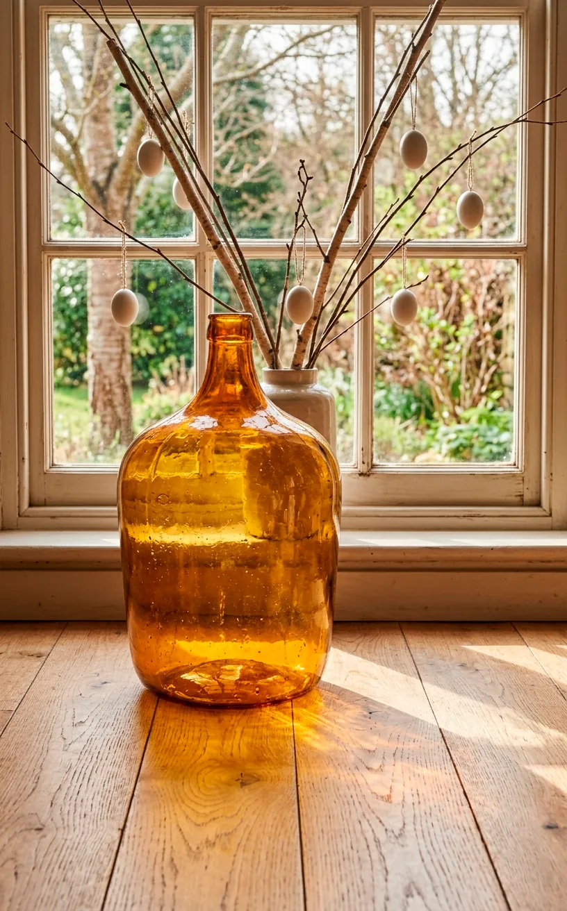 Amber glass carboy holding thick branches and white eggs in front of a sunlit window.