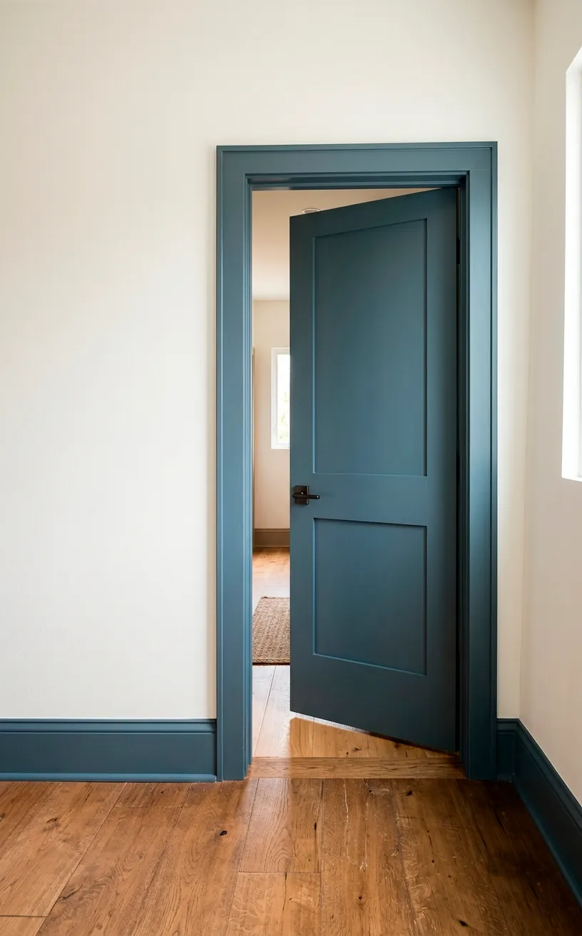 Interior door and baseboards painted in slate blue-gray.