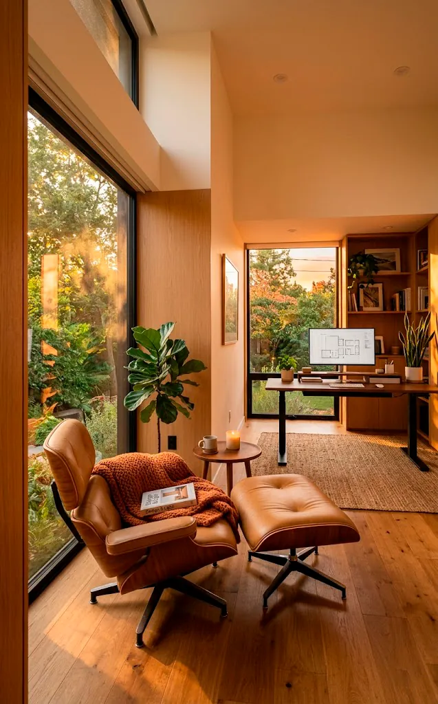 A harmonious modern home office featuring a high-tech desk and a cozy lounge chair.
