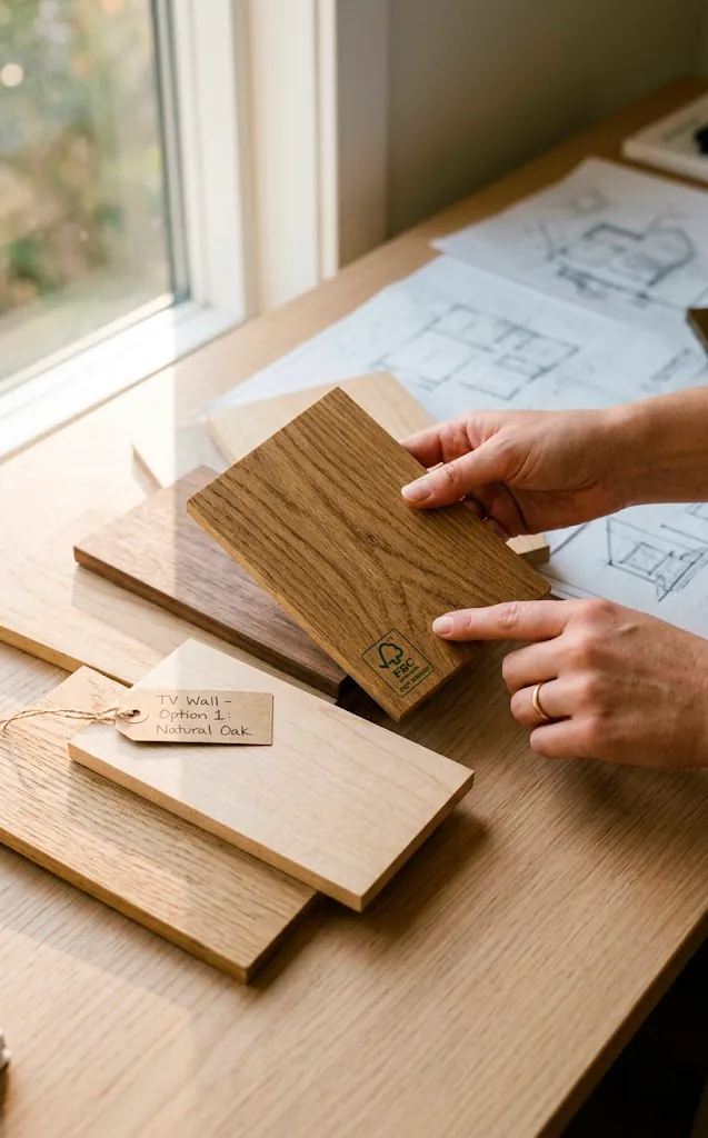 Wood samples for a TV wall project resting on a desk, showing an FSC certification logo.