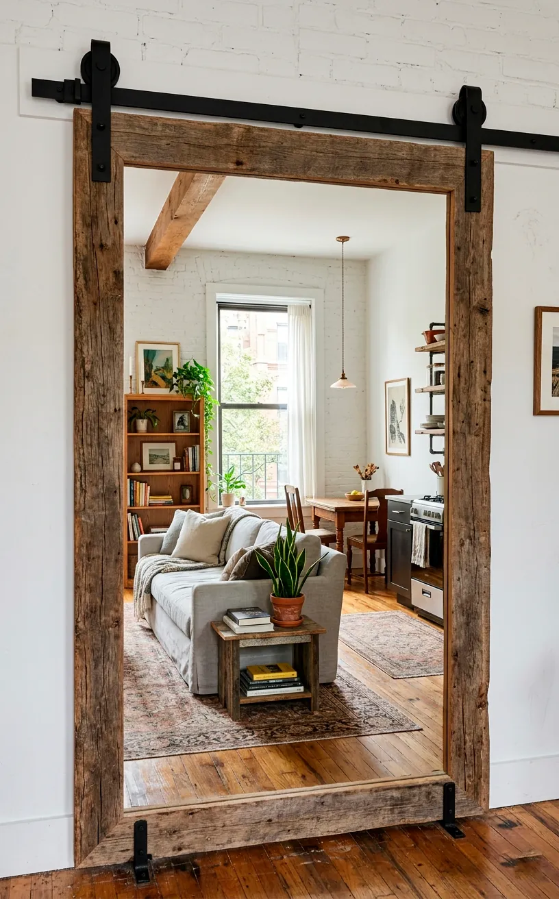Reclaimed wood floor mirror on an iron sliding barn door track