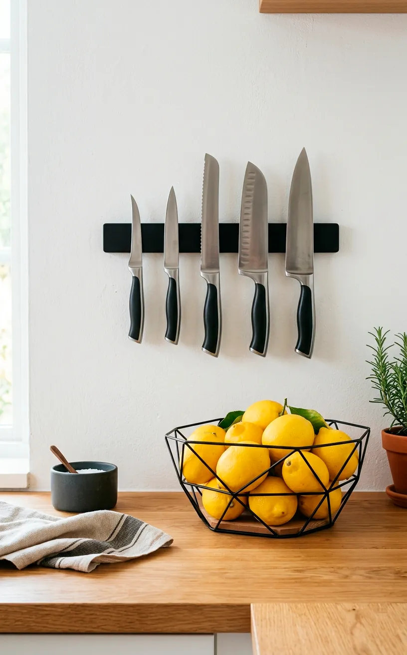 Matte black magnetic knife strip holding steel knives above a kitchen counter.