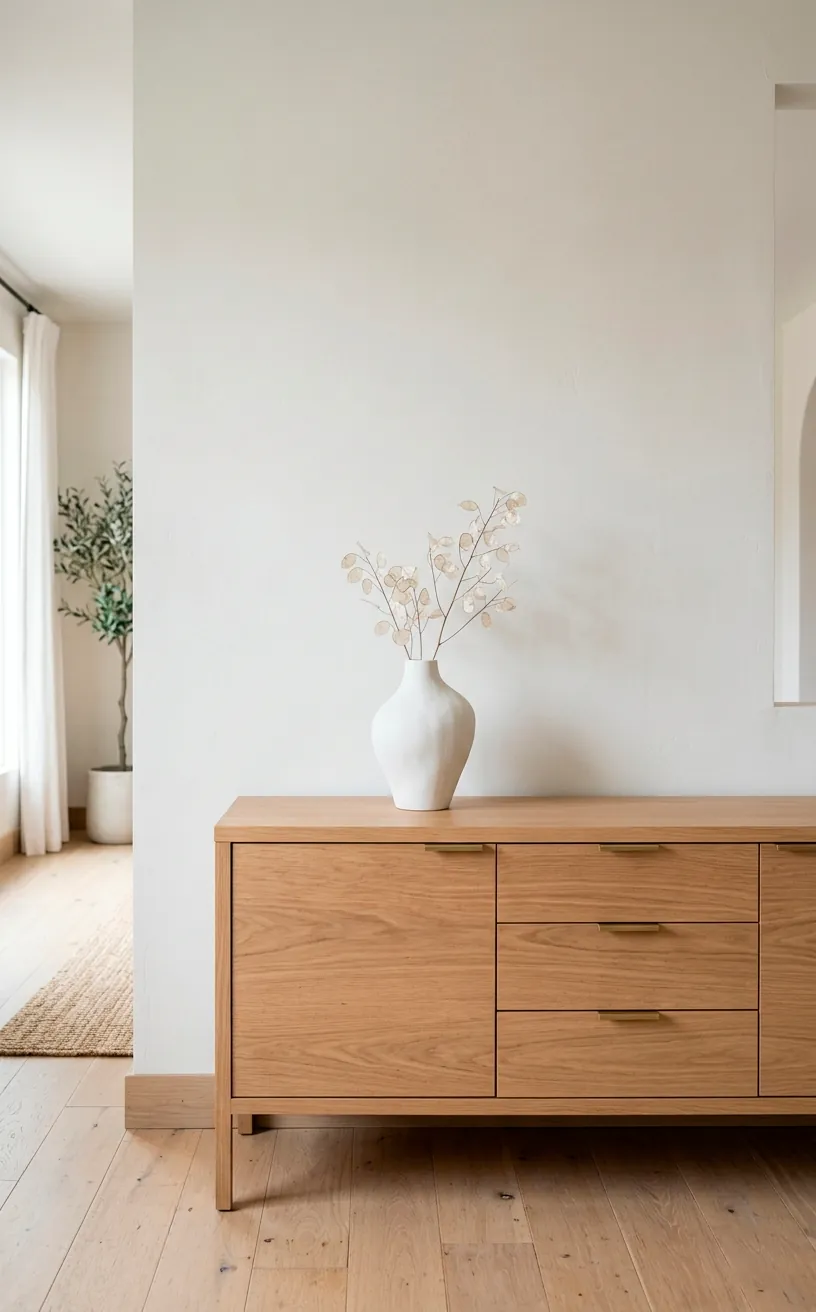 Clean light oak sideboard against a blank wall styled with a single minimalist sculptural vase.
