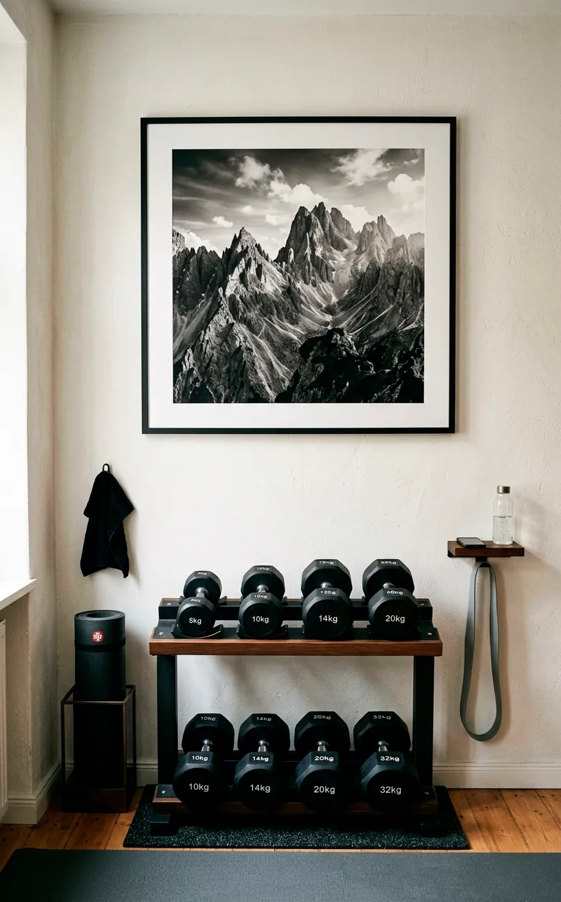 Minimalist home gym corner with one oversized art print and adjustable dumbbells.