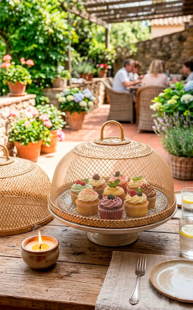 Woven bamboo food covers protecting cupcakes on an outdoor table