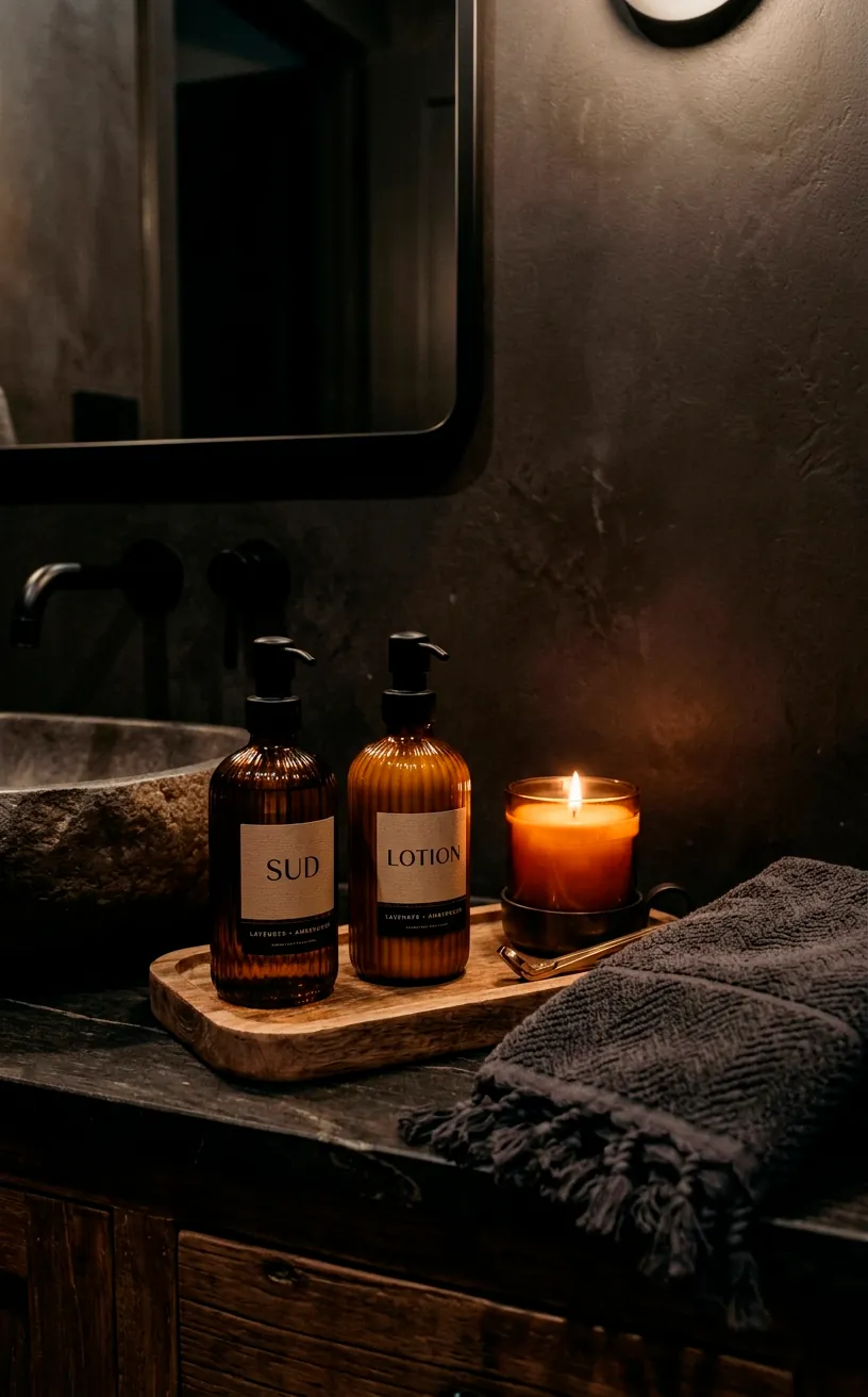 Amber glass soap dispensers and a folded Turkish towel on a wooden vanity tray in a moody bathroom.