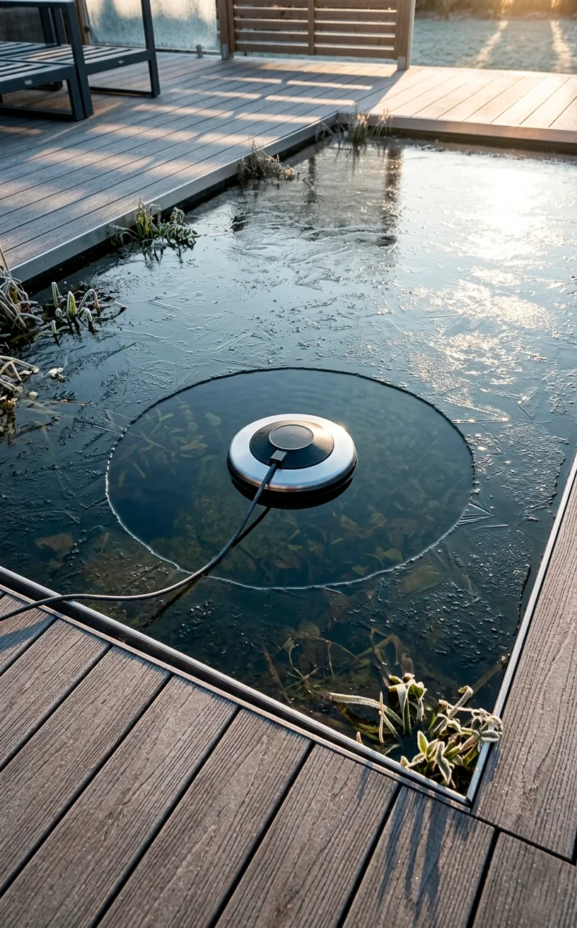 Floating pond de-icer maintaining clear water in a frozen pond.